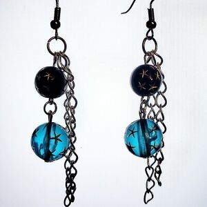 Handmade Black Turquoise Boho Beaded Celestial Star Dangle Chain Earrings